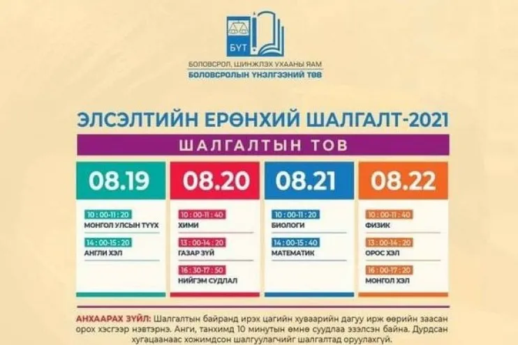 Шийдвэр:Элсэлтийн ерөнхий шалгалтыг 8 дугаар сарын 19-22 ны өдрүүдэд зохион байгуулна.